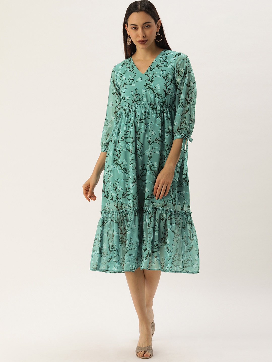 

MELOSO Sea Green Floral Georgette A-Line Midi Dress
