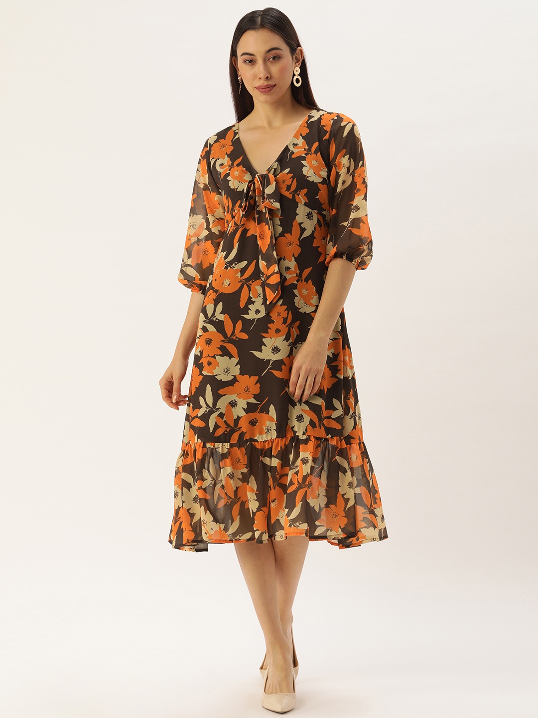 

MELOSO Brown & Yellow Floral Georgette Midi Dress