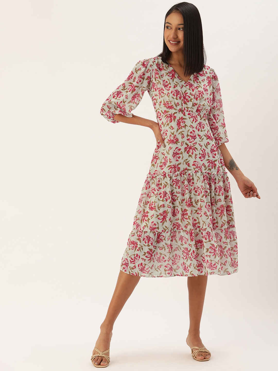 

MELOSO Cream-Coloured & Red Floral Georgette A-Line Midi Dress