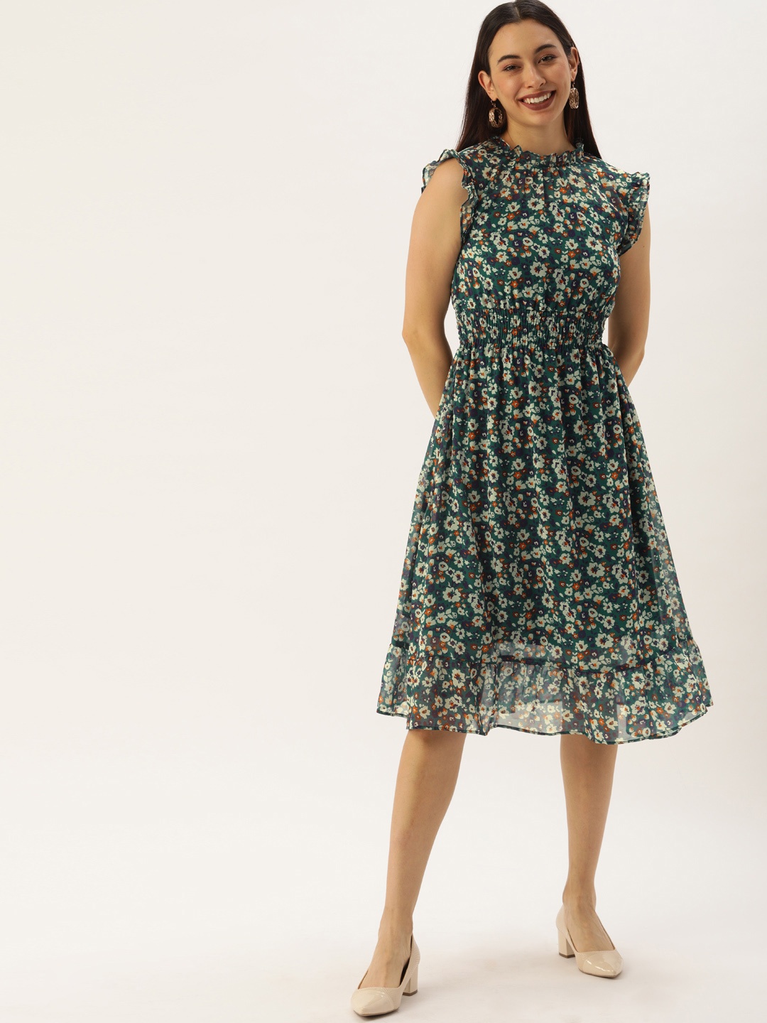 

MELOSO Green & Cream-Coloured Floral Georgette A-Line Midi Dress