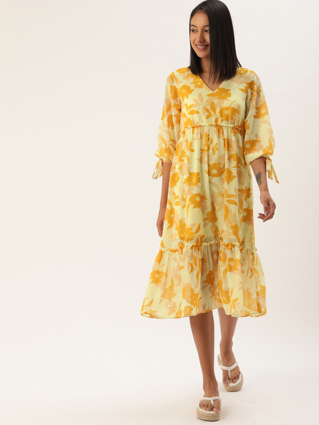 

MELOSO Yellow Floral Georgette A-Line Midi Dress