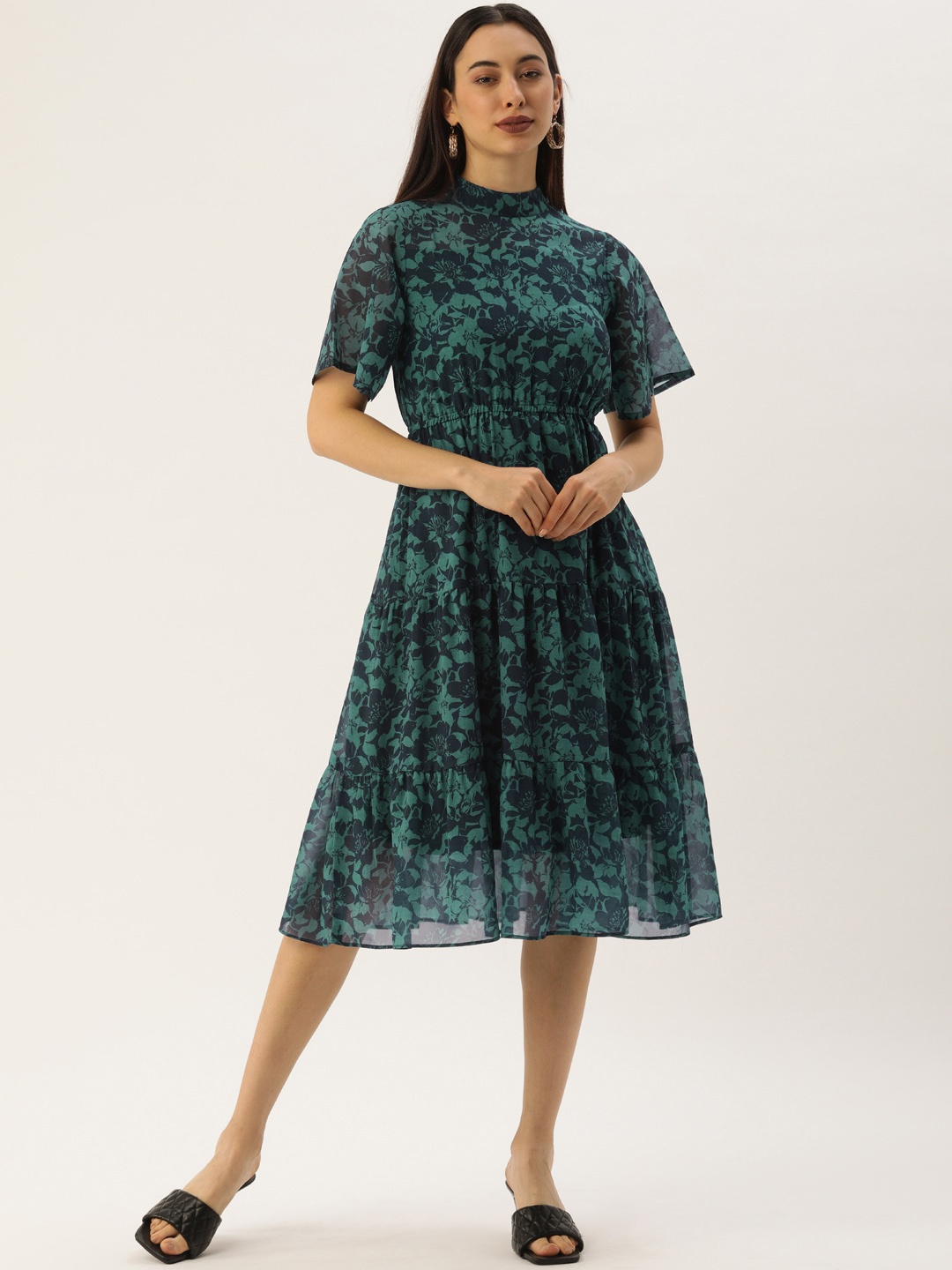 

MELOSO Teal & Navy Blue Floral Georgette Midi Dress