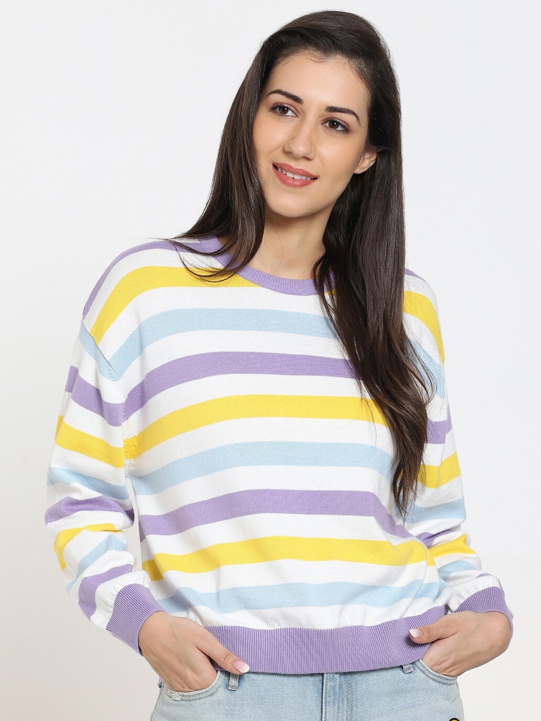 

Bewakoof Women White & Yellow Striped Pullover