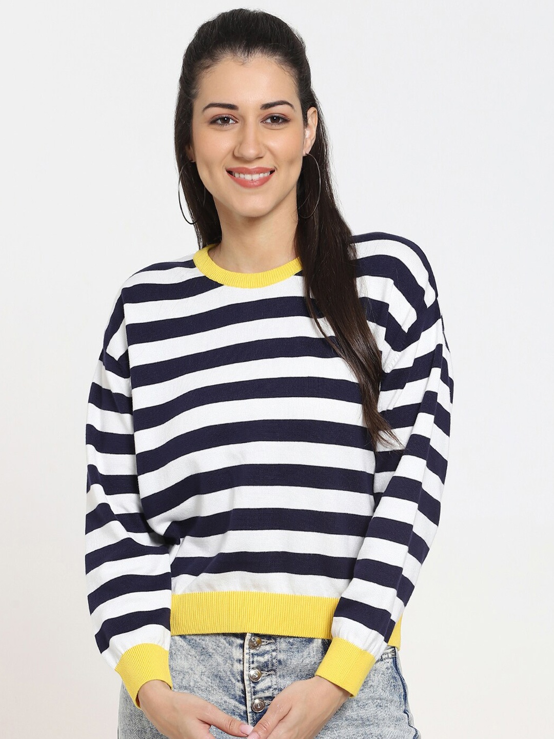 

Bewakoof Women Stripe Flat Knit Oversized Sweater, Blue