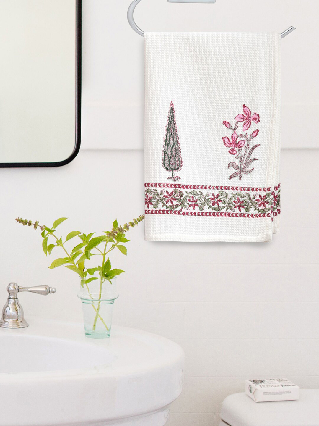

Gulaab Jaipur Set Of 2 White & Pink Handblock Printed Cotton 380 GSM Hand Towel