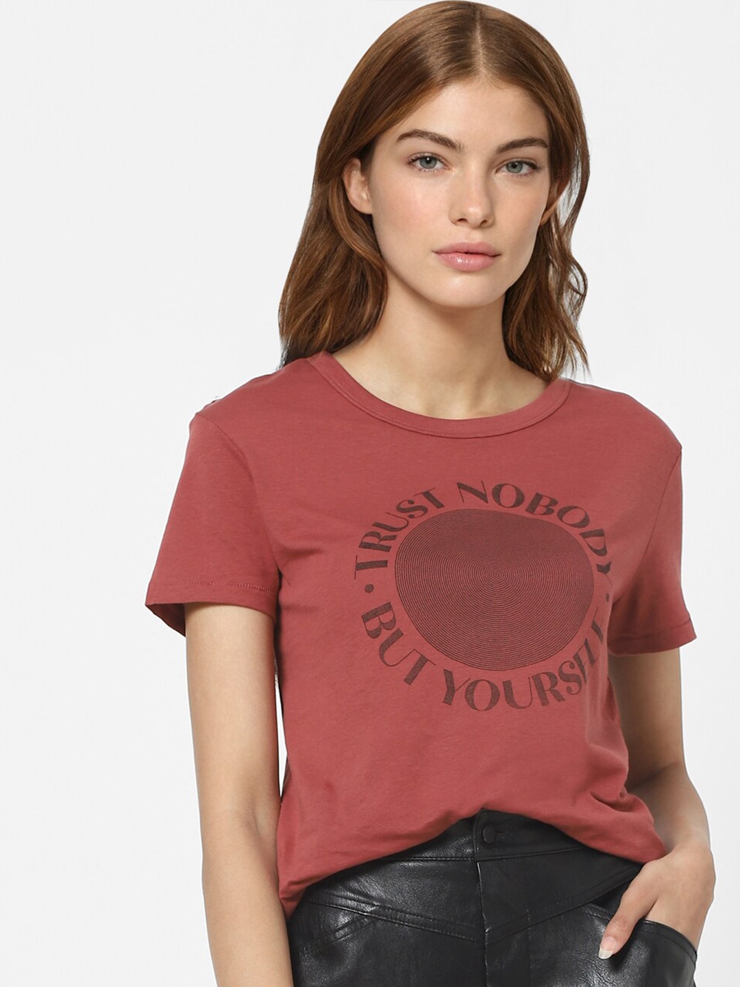 

ONLY Women Maroon Printed Pockets T-shirt
