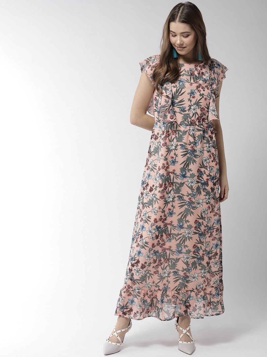 

StyleStone Peach-Coloured & Green Floral Georgette Maxi Dress