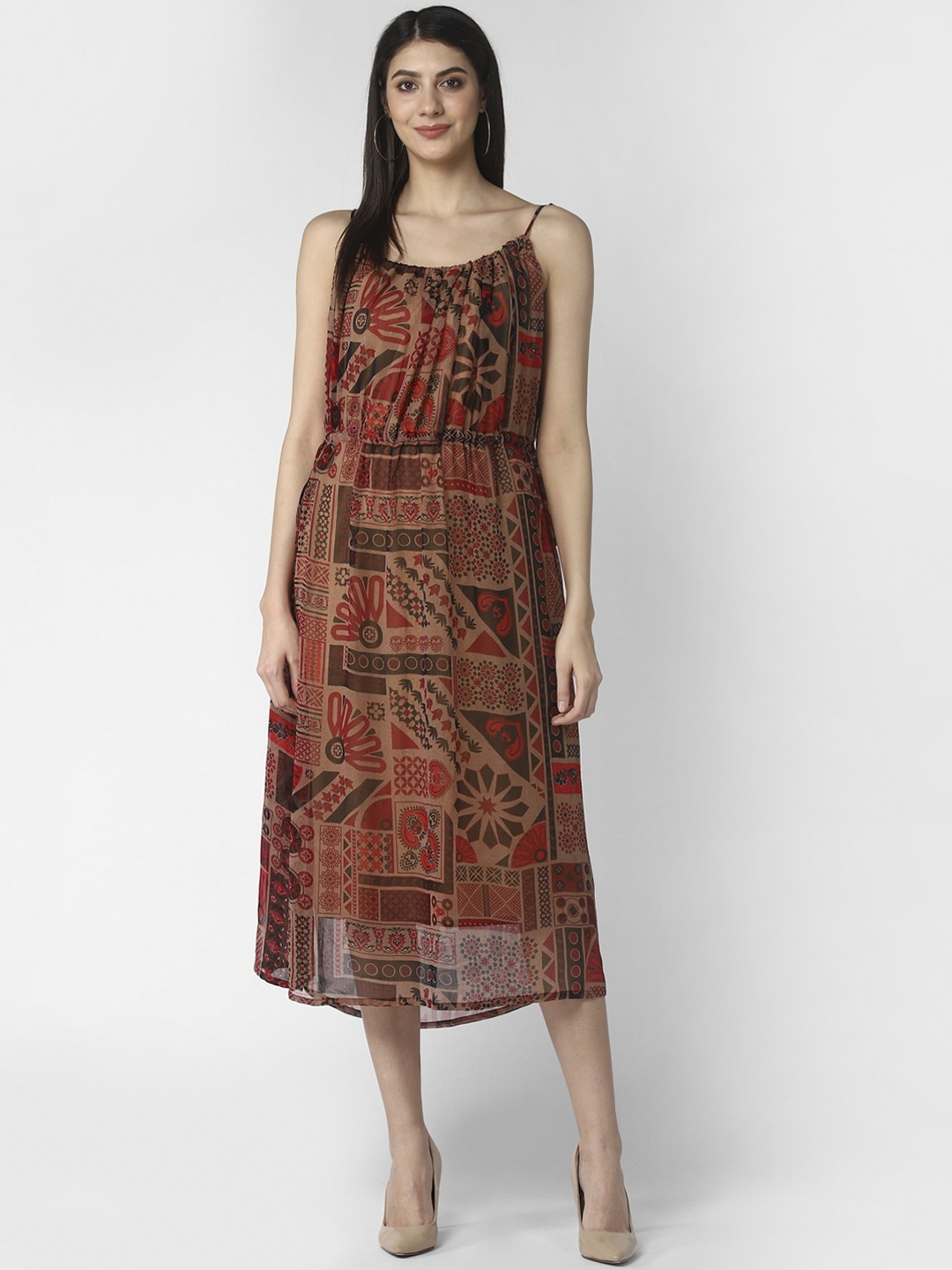 

StyleStone Maroon & Brown Floral Chiffon A-Line Midi Dress