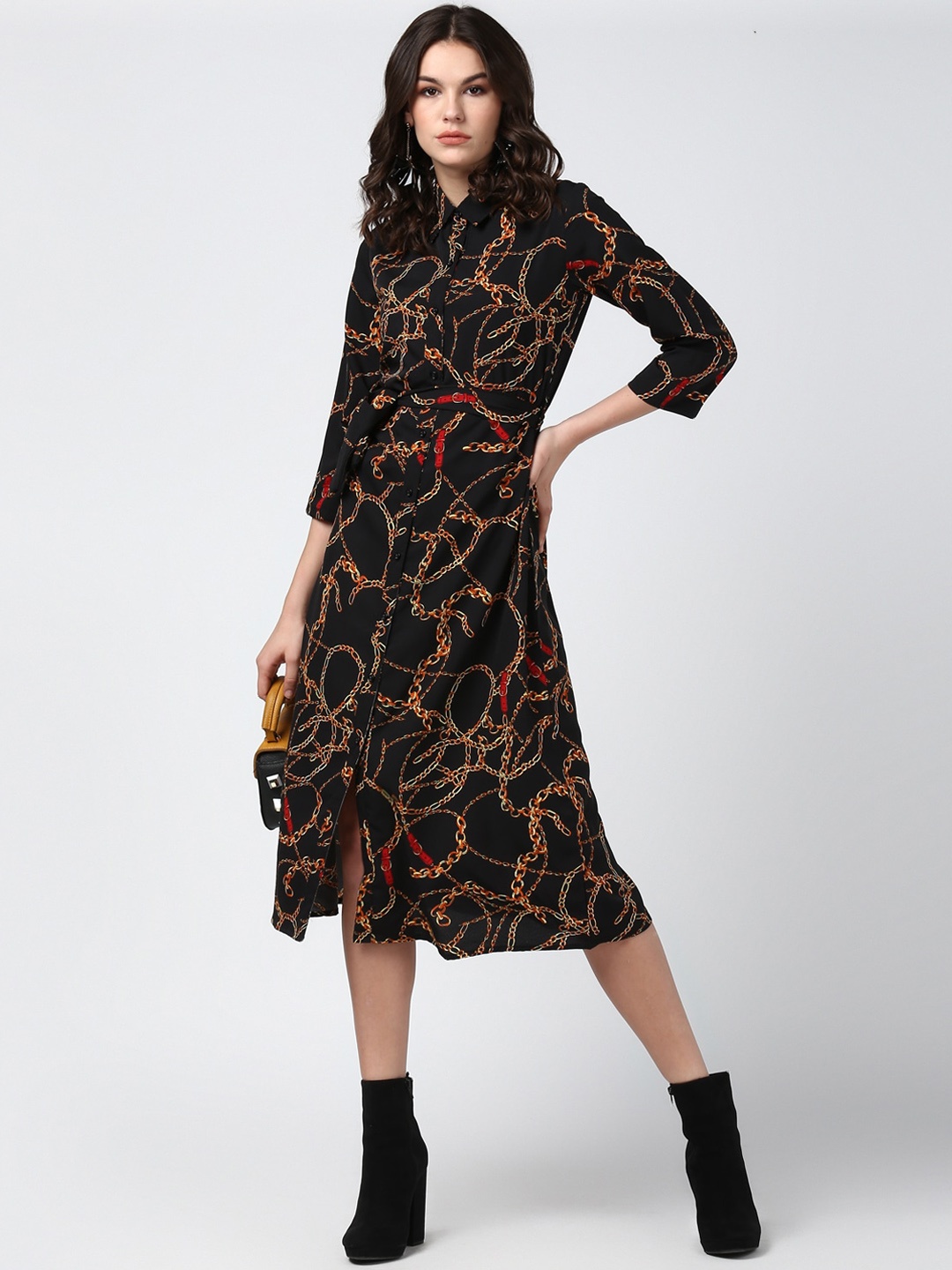 

StyleStone Women Black Crepe Shirt Midi Dress