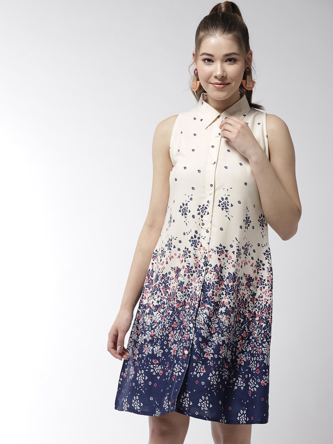

StyleStone Cream-Coloured & Navy Blue Floral Crepe Shirt Dress
