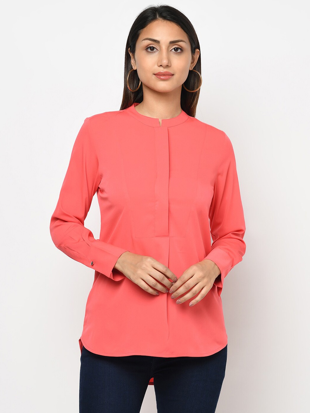 

Purple State Pink Mandarin Collar Crepe Regular Top