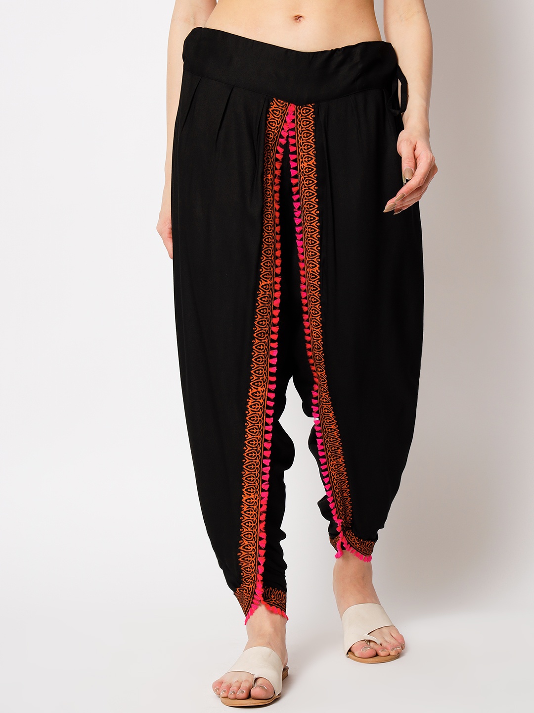 

9rasa Women Black & Orange Hand Block Printed Embellished Dhoti