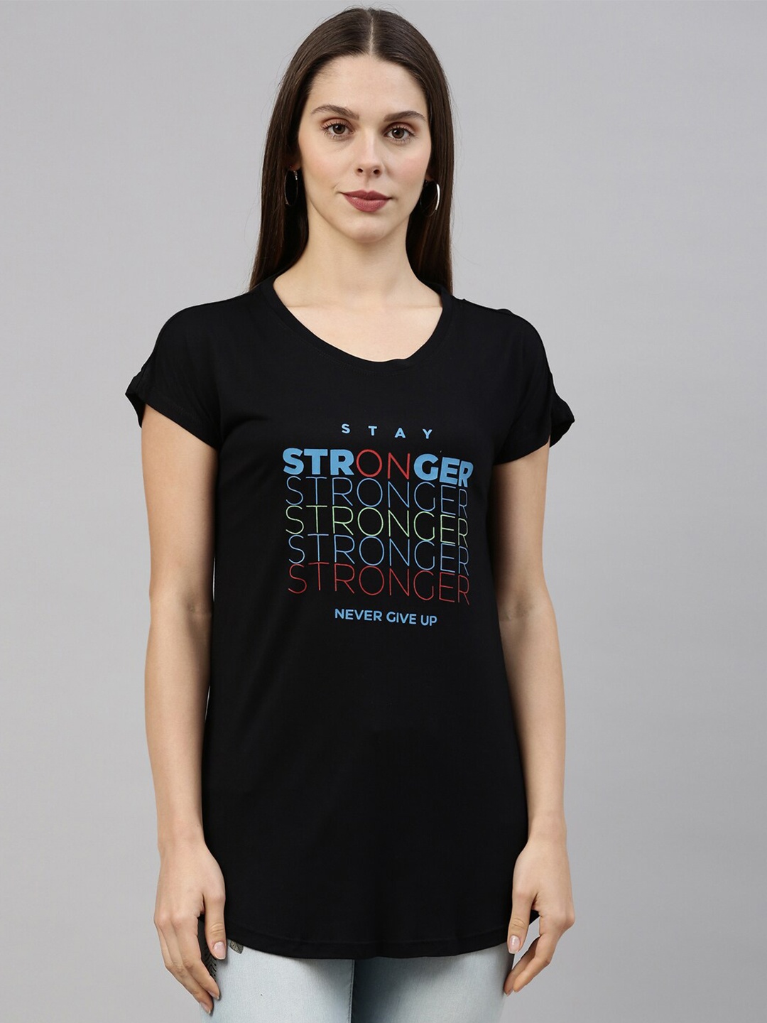 

GOLDSTROMS Women Black & Blue Typography Printed T-shirt