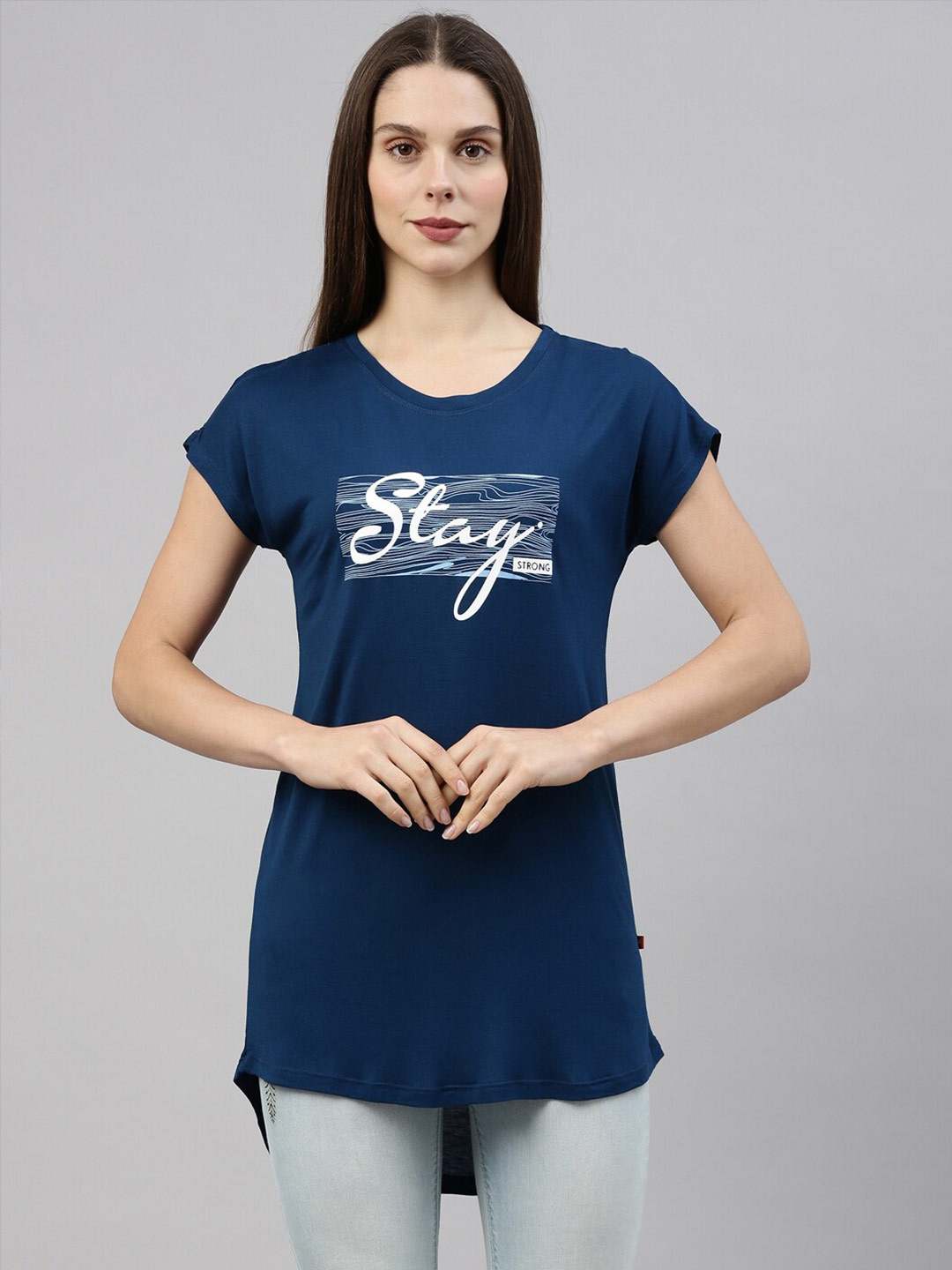 

GOLDSTROMS Women Blue Typography Printed Applique T-shirt