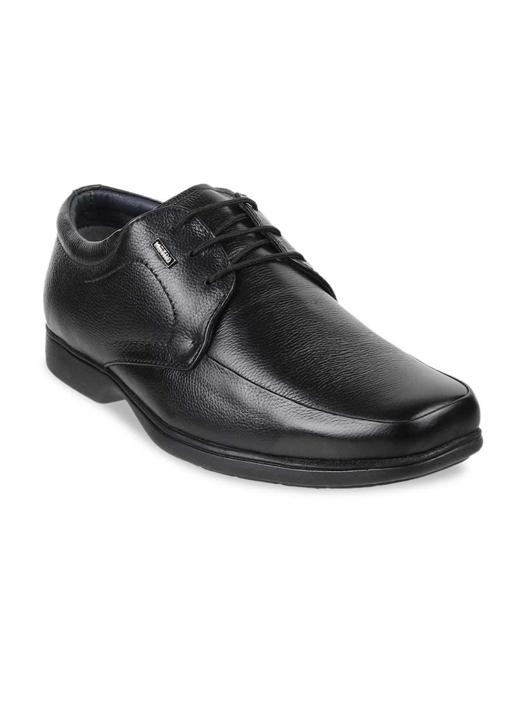 

Metro Men Black Textured Regular Leather Derbys Shoe