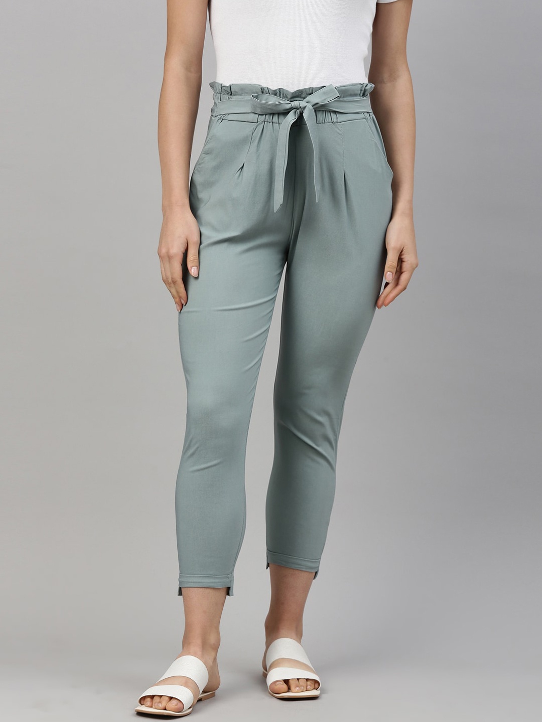 

GOLDSTROMS Women Blue Slim Fit Pleated Cotton Peg Trousers