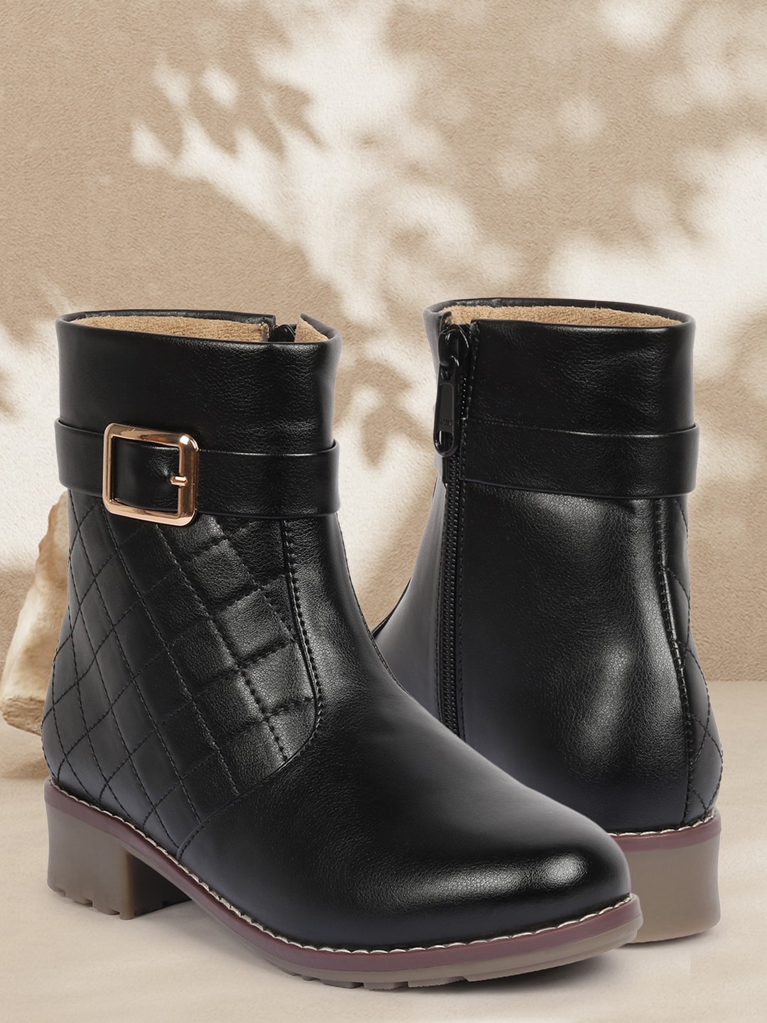 

Alishtezia Woman Black Colourblocked PU Party Block Heeled Boots with Buckles