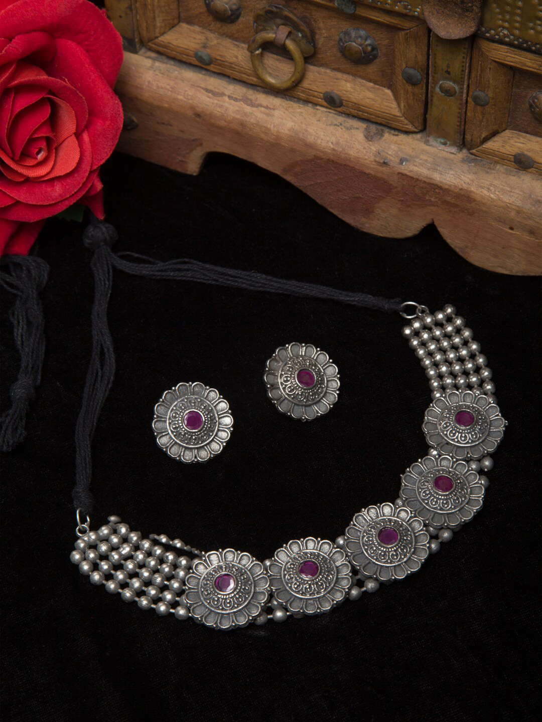 

Moedbuille Silver Plated Pink Stone Studded Floral Oxidised Tribal Jewellery Set
