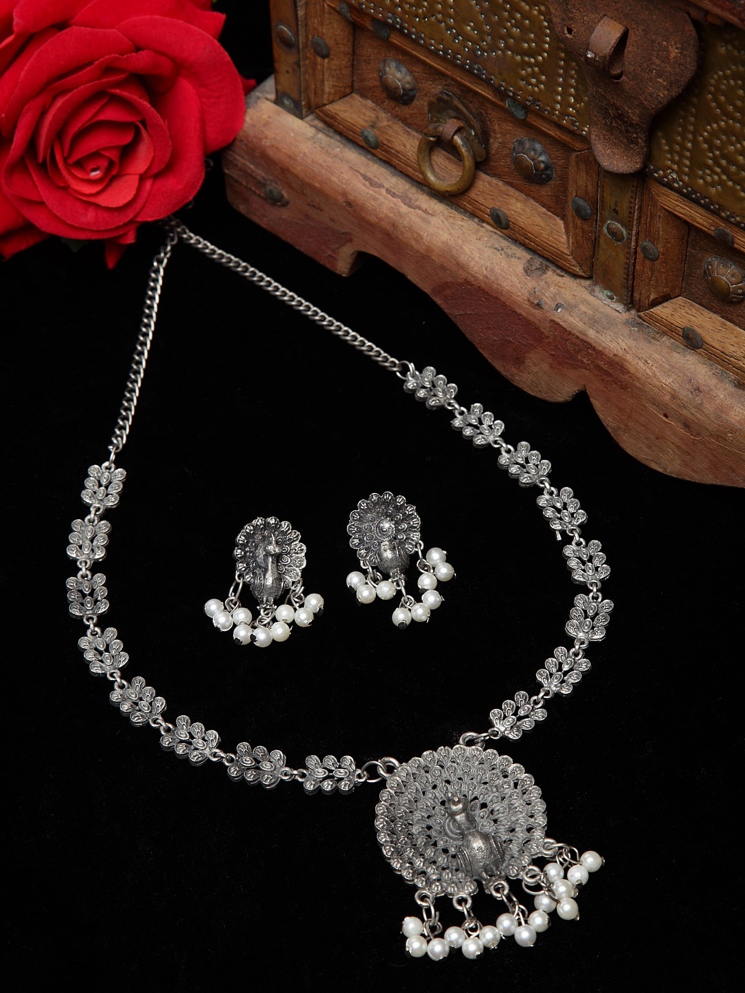 

Moedbuille Oxidised Silver-Plated White Beaded Handcrafted Temple Jewellery Set