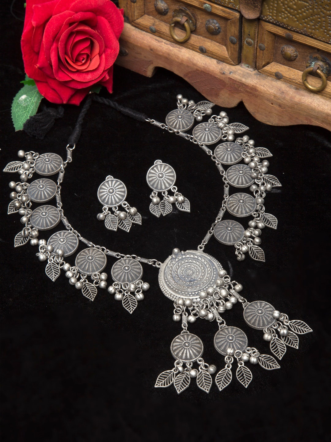 

Moedbuille Silver Plated Handcrafted Tasselled Tribal Oxidised Jewellery Set