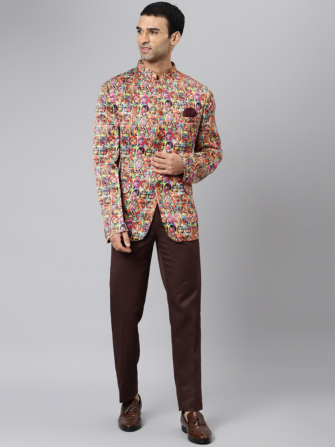 

Hangup Men Brown Printed Two-Piece Mandarin Collar Single Breasted Party Suit