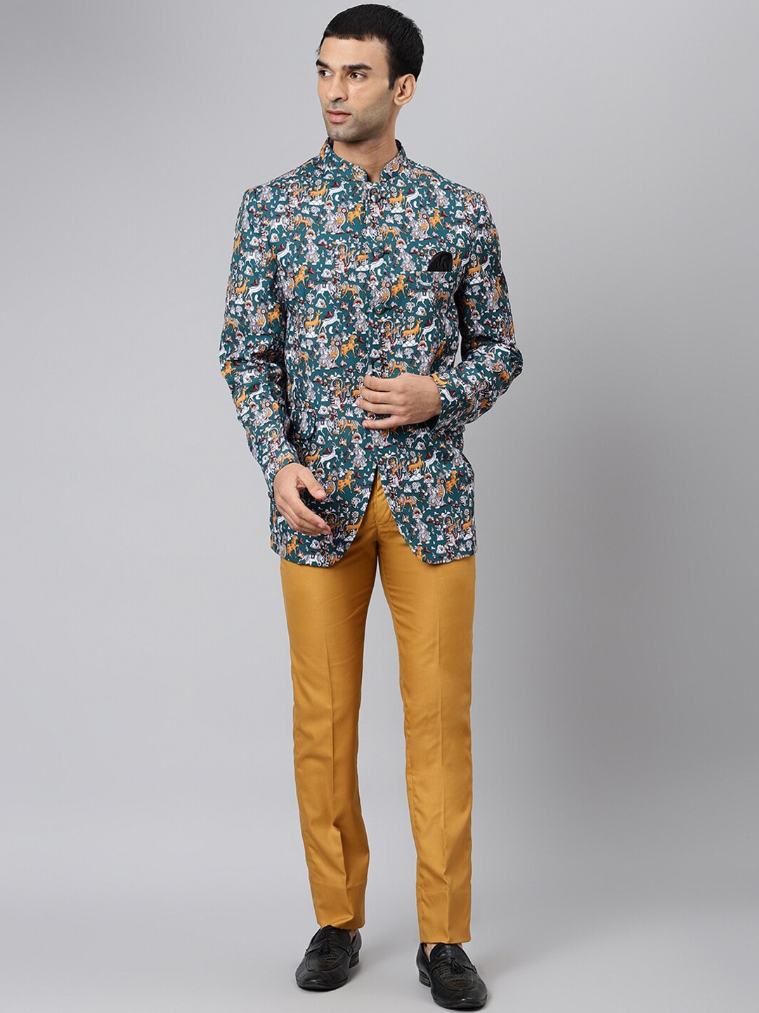 

Hangup Men Green & Mustard Printed Two-Piece Bandhgala Party Suit