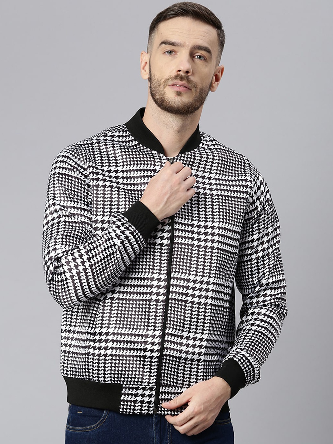 

Hangup Men White Black Checked Lightweight Bomber Jacket