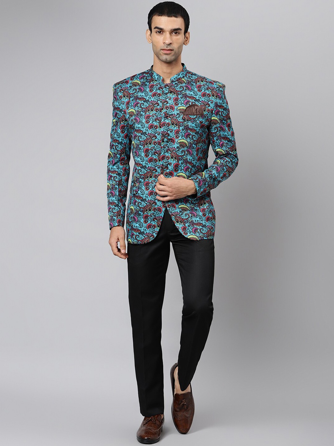 

Hangup Men Sea Green & Black Printed Bandhgala 2 Piece Suit