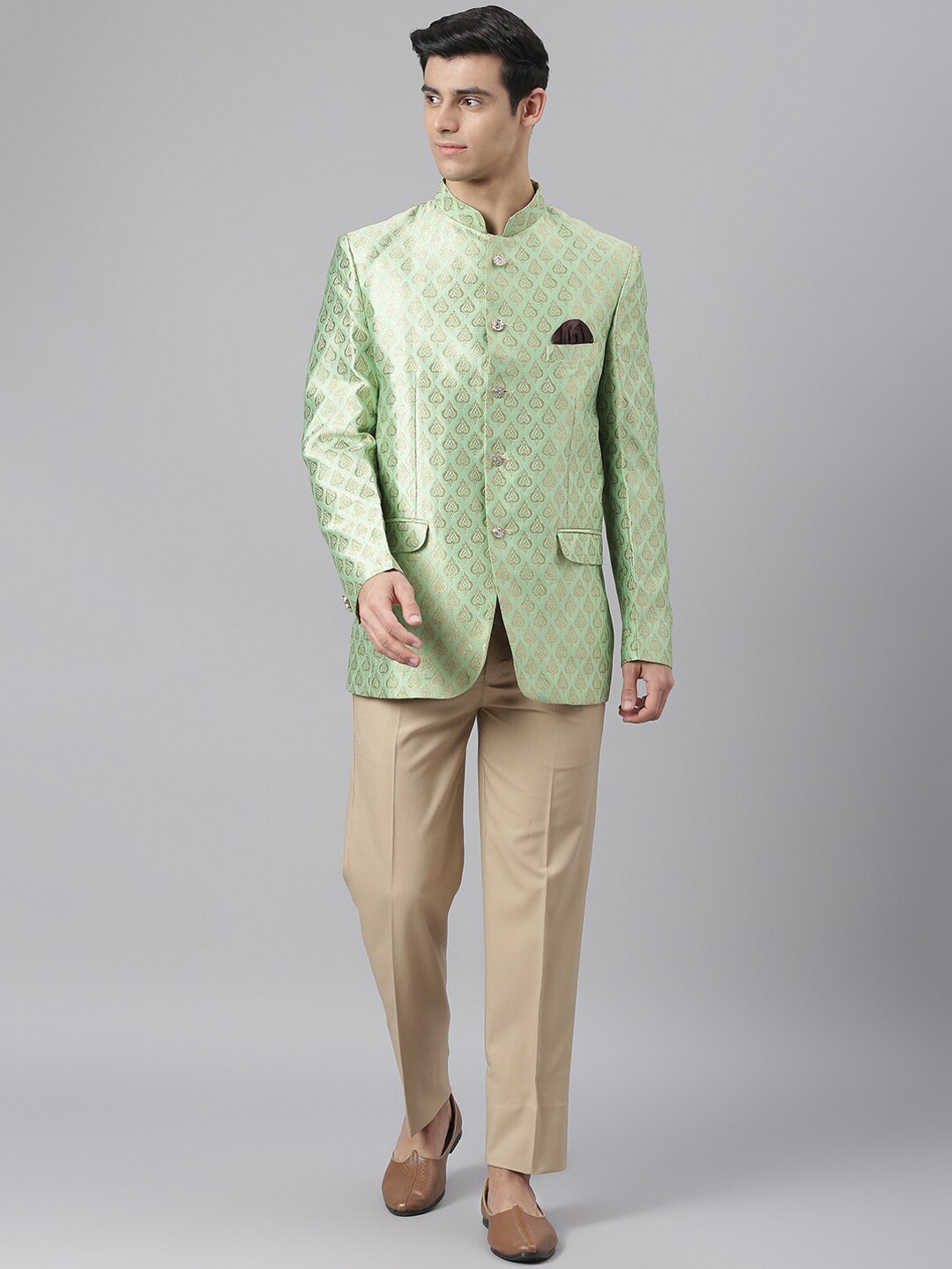 

Hangup Men Green & Beige Printed Two-Piece Bandhgala Party Suit