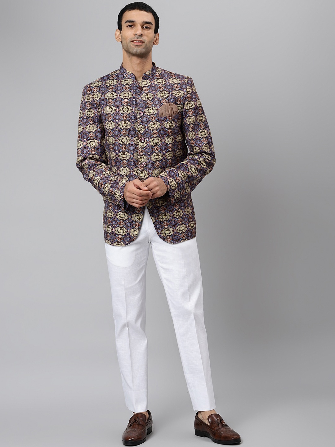 

Hangup Men Purple & Yellow Printed Two-Piece Bandhgala Party Suit
