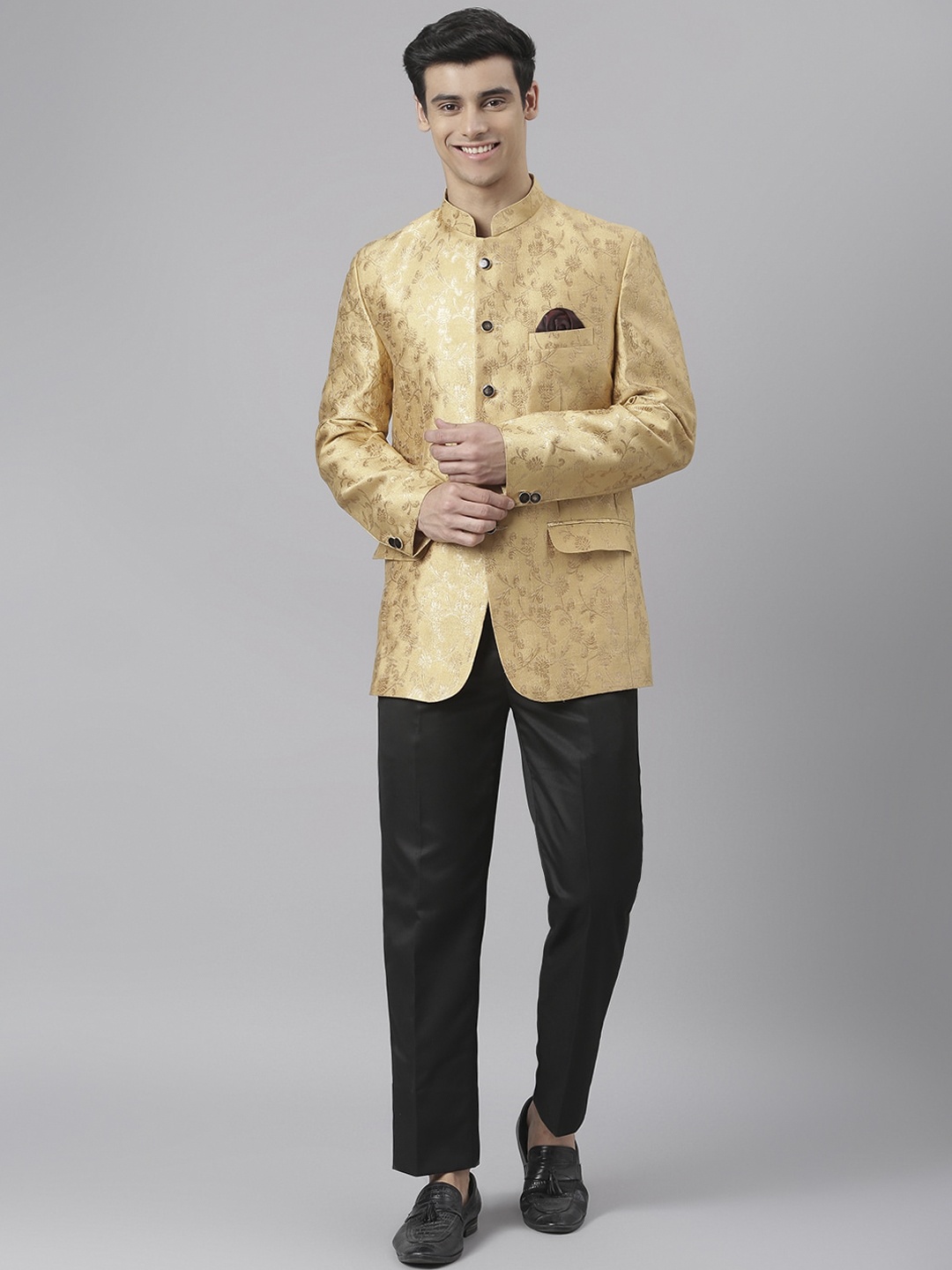

Hangup Men Beige & Gold-Coloured Printed Two-Piece Bandhgala Party Suit