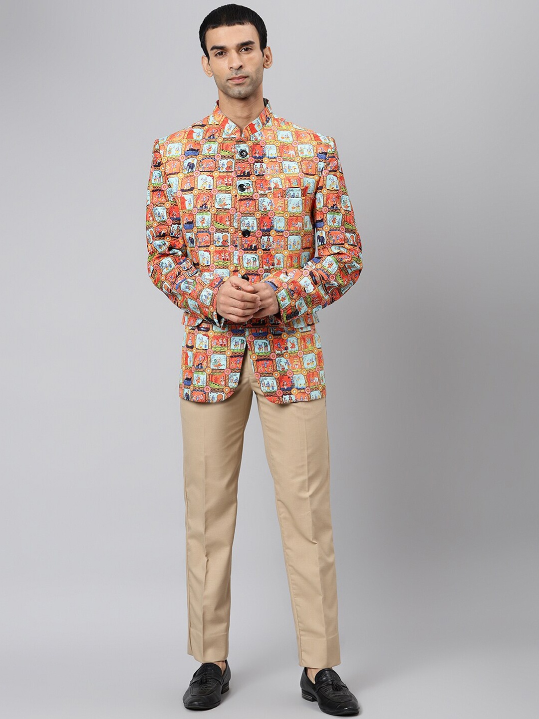 

Hangup Men Orange & Blue Printed Two-Piece Bandhgala Party Suit