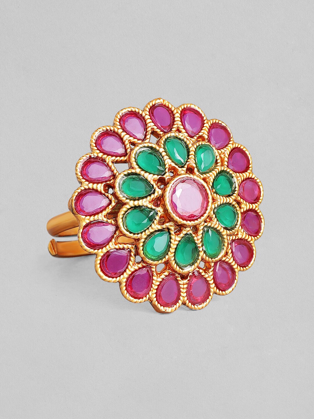 

Rubans Pink & Green Gold-Plated Stone-Studded Handcrafted Adjustable Finger Ring