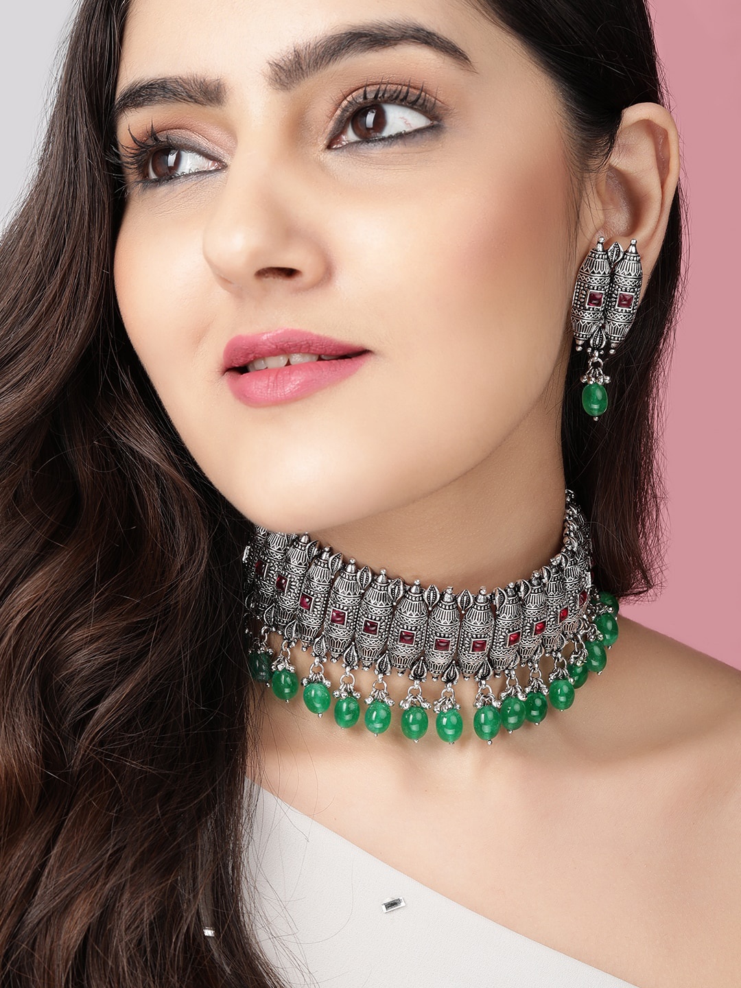 

Rubans Oxidized Silver Plated Ruby and Green Beaded Choker Necklace Set