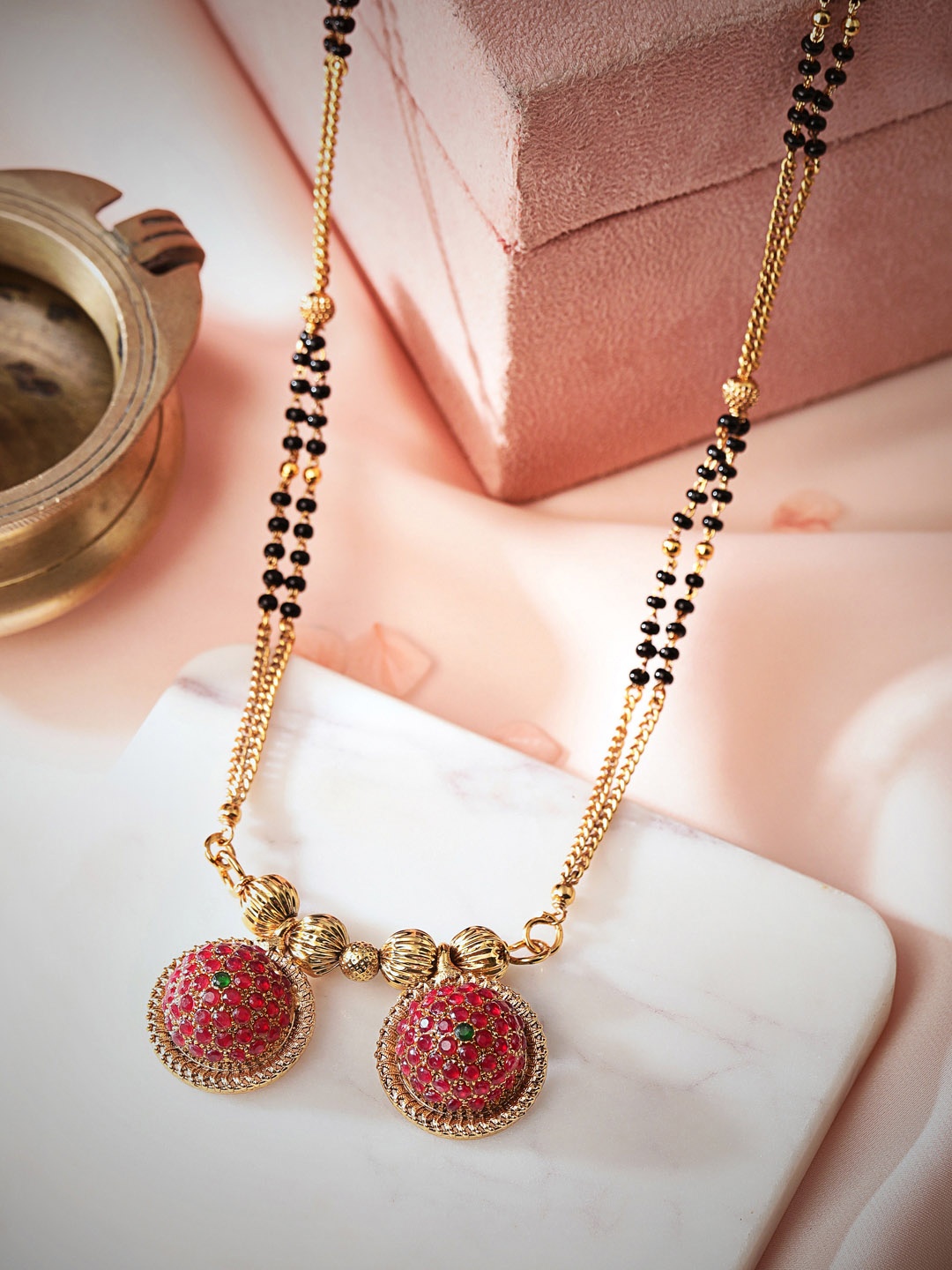 

Rubans Woman Gold-Plated Black & Pink Stone-Studded & Beaded Mangalsutra