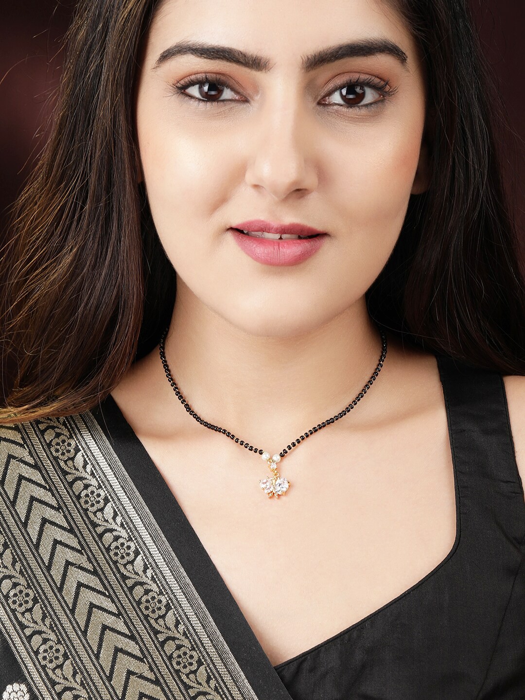 

Rubans Gold-Plated Black & White Stone-Studded & Beaded Mangalsutra