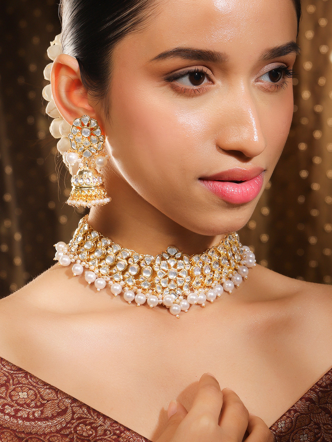 Rubans Gold-Plated White Kundan-Studded & Beaded Handcrafted Jewellery Set