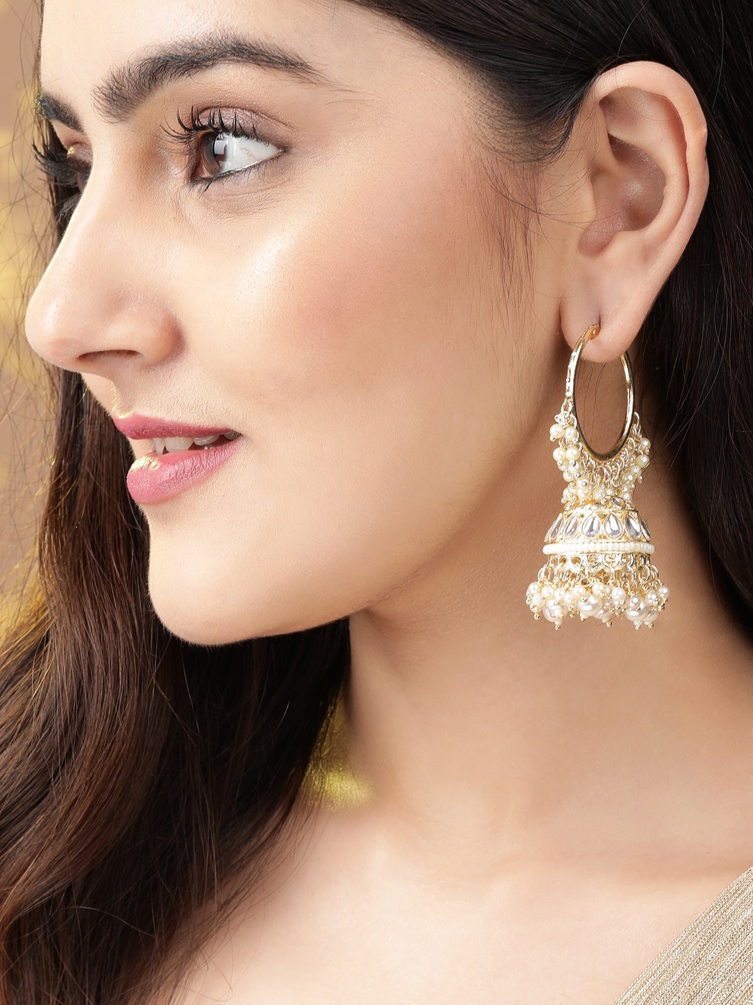 

Rubans Gold-Plated & White Kundan Dome Shaped Jhumkas Earrings