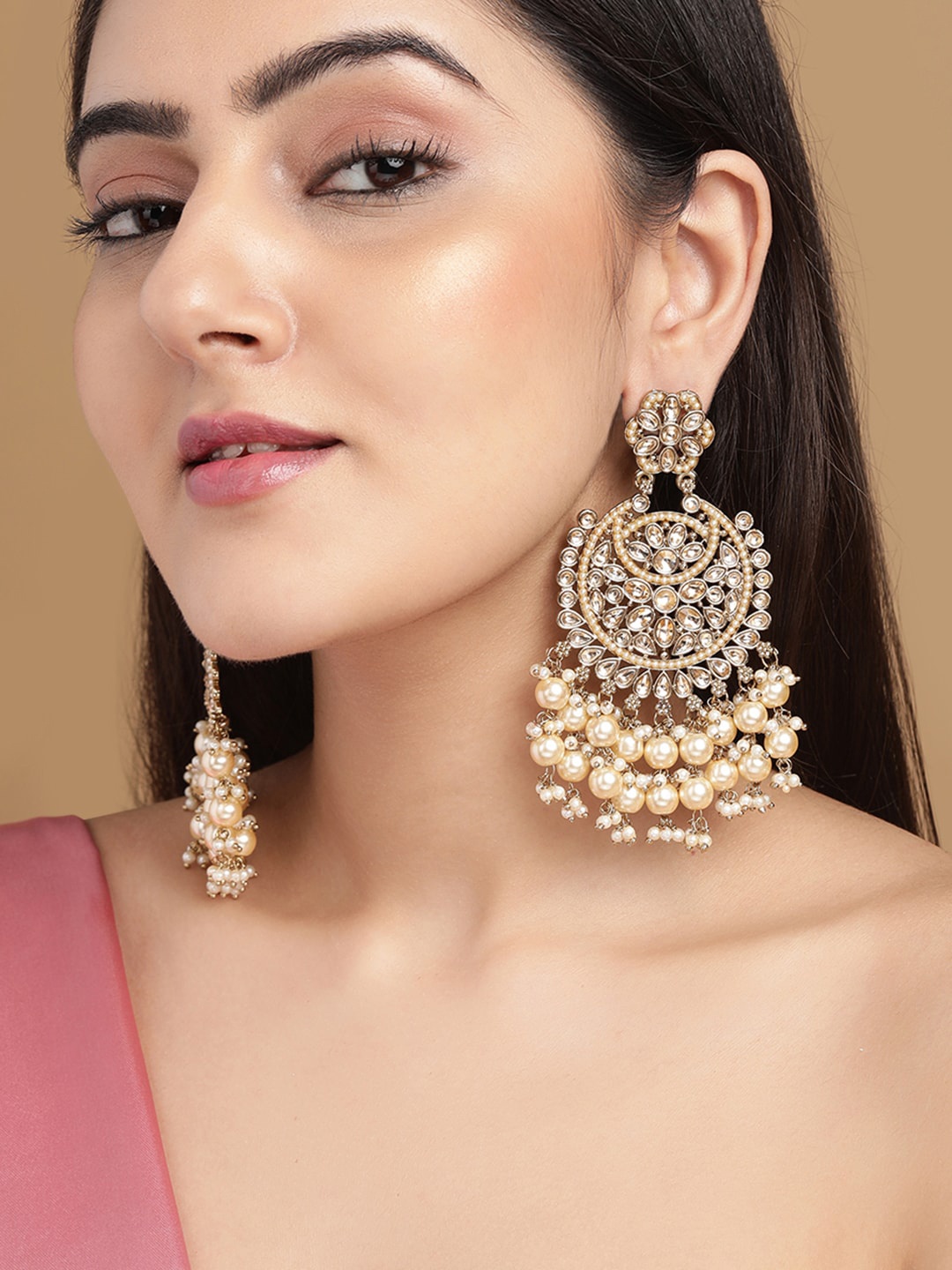 

Rubans 22K Gold Plated AD Studded Handcrafted Long Chandbali with Cream-Colored Pearls