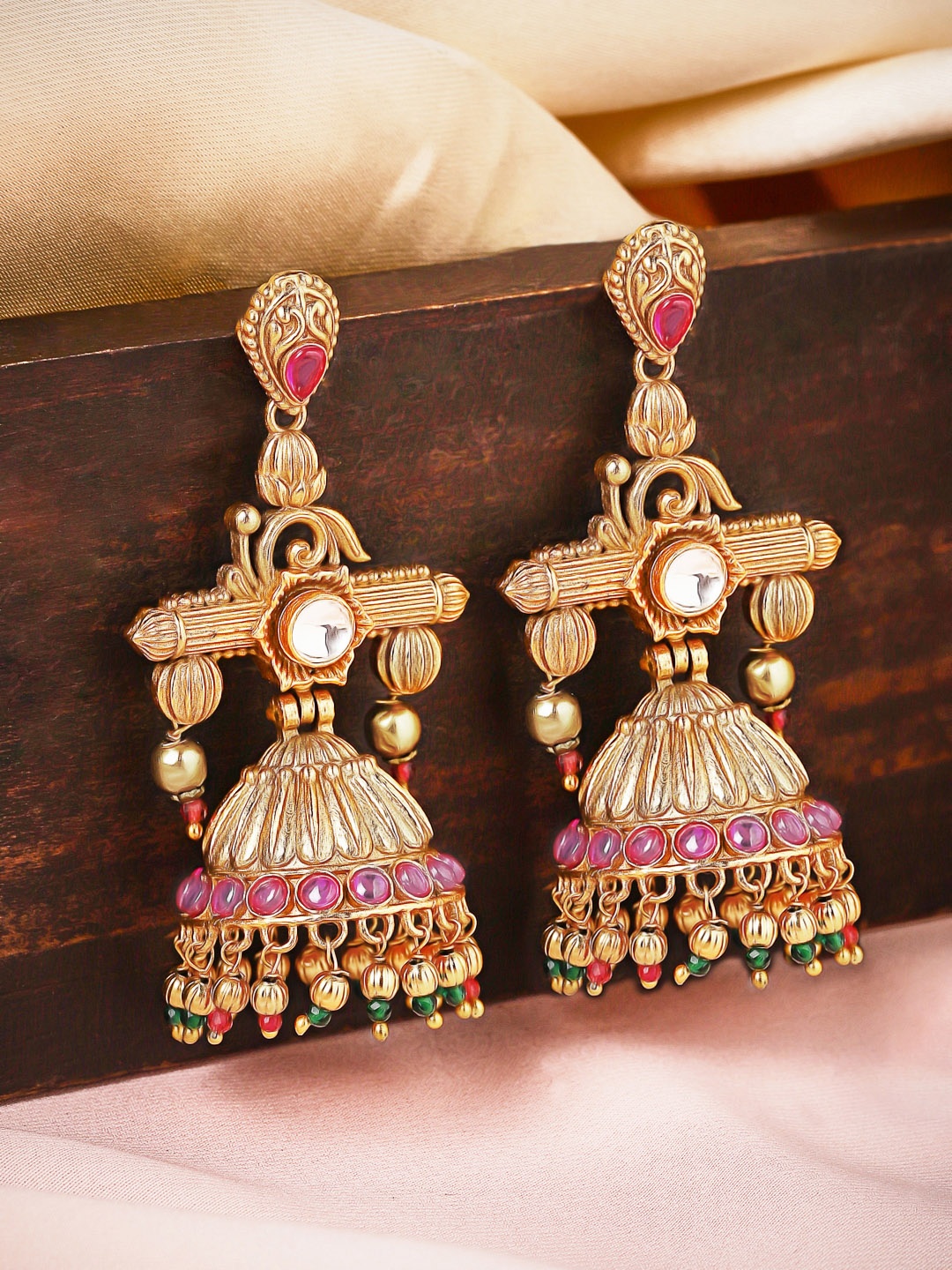 

Rubans Gold-Plated & Pink Contemporary Jhumkas Earrings