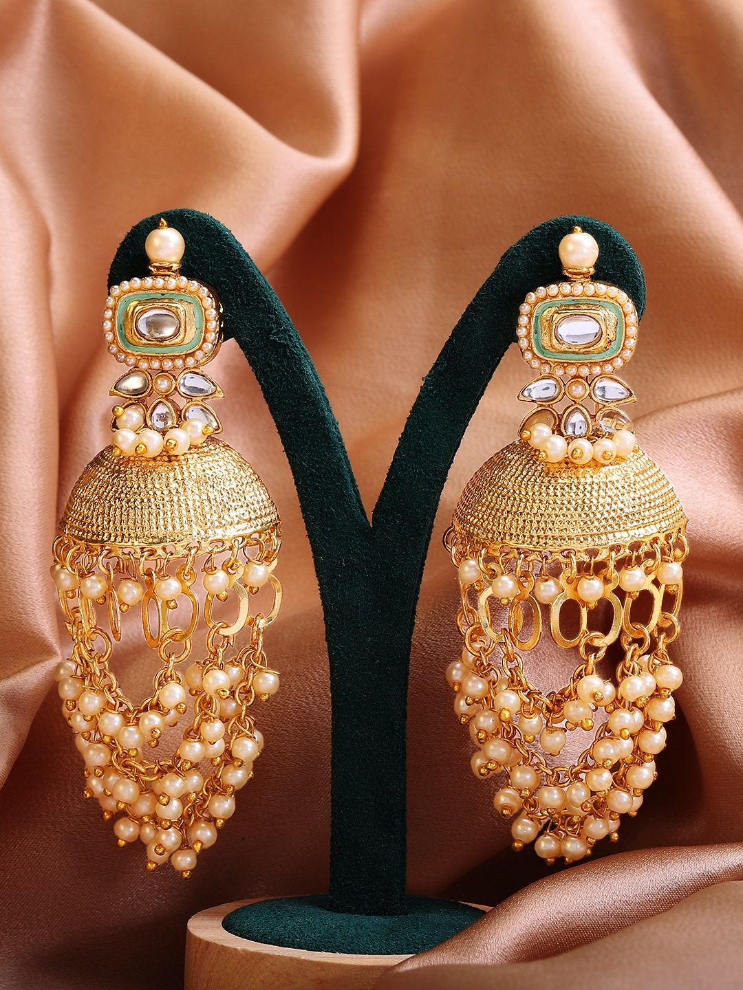 

Rubans Gold-Plated & Green Contemporary Chandbalis Earrings