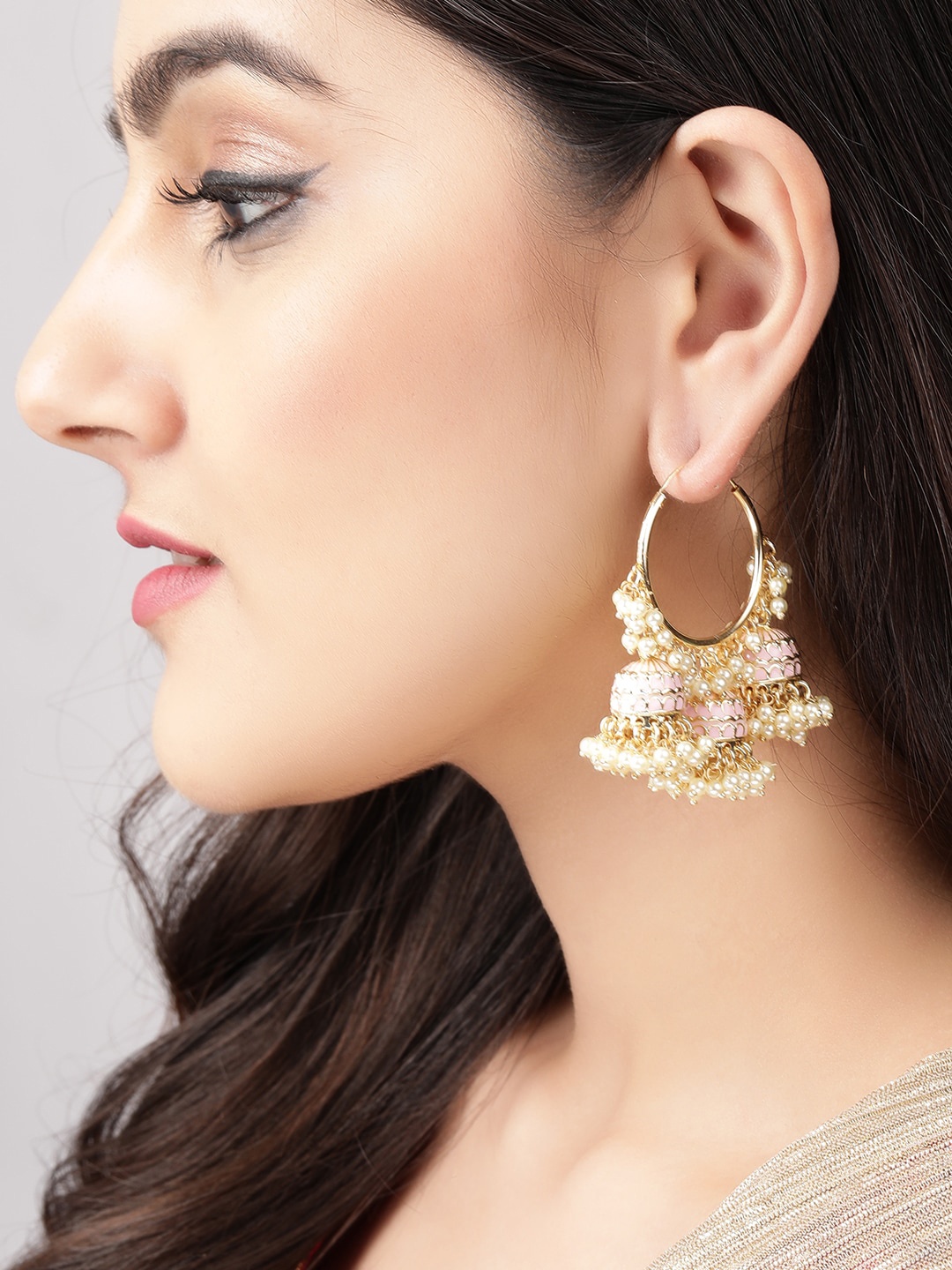 

Rubans Gold-Plated & Pink Dome Shaped Jhumkas Earrings