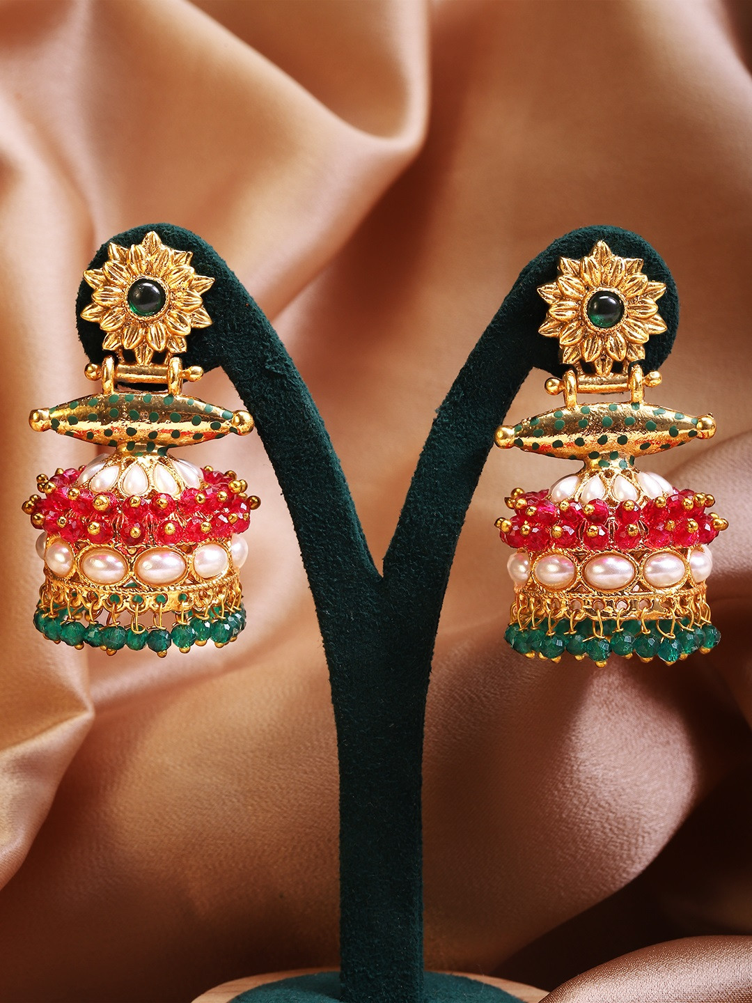 

Rubans Gold-Plated & Red Dome Shaped Jhumkas Earrings