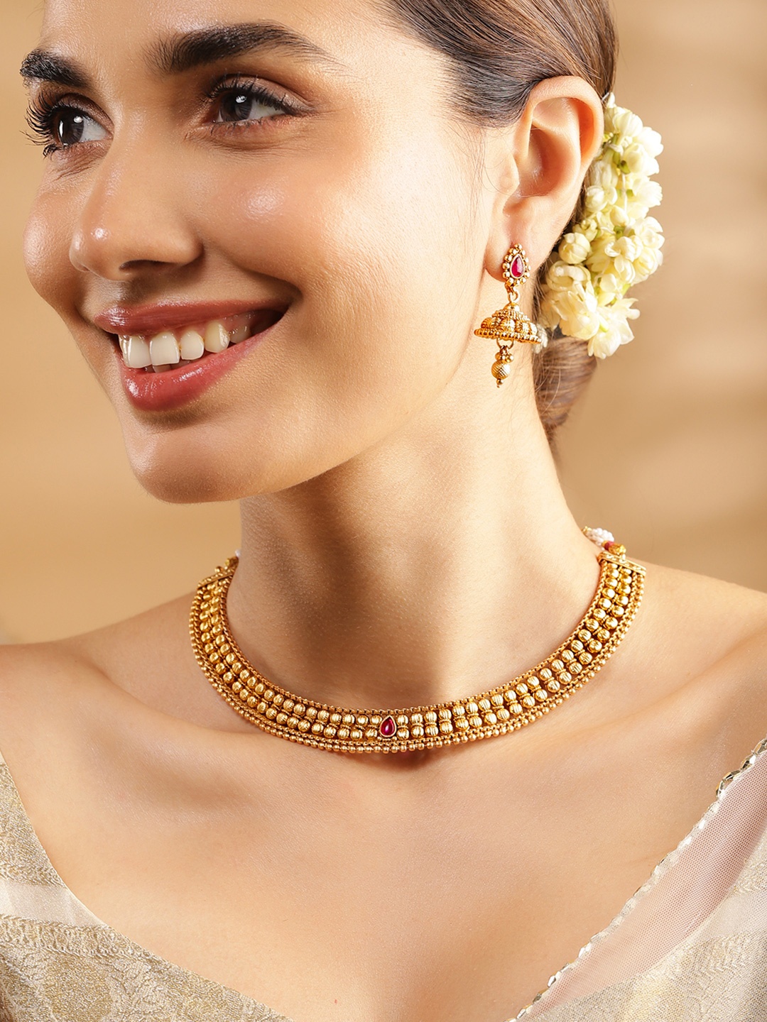 

Rubans 22K Gold-Plated Ruby Pink & Kundan Studded Necklace Set with Jhumka Earrings