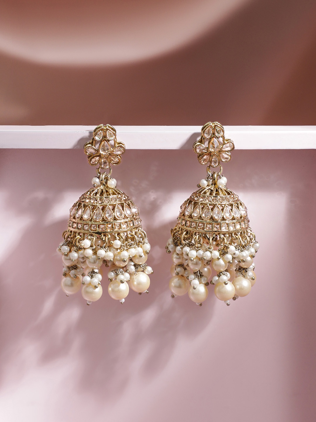 

Rubans Gold-Toned & White Dome Shaped Jhumkas Earrings