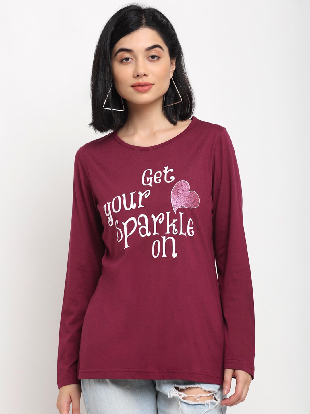 

Kanvin Women Burgundy Typography Printed Applique T-shirt