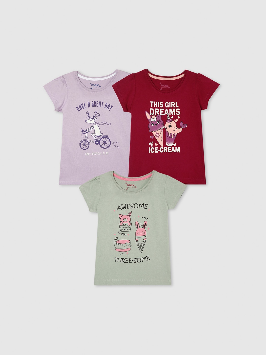 

max Girls Pack of 3 Printed Cotton Pure Cotton T-shirts, Maroon