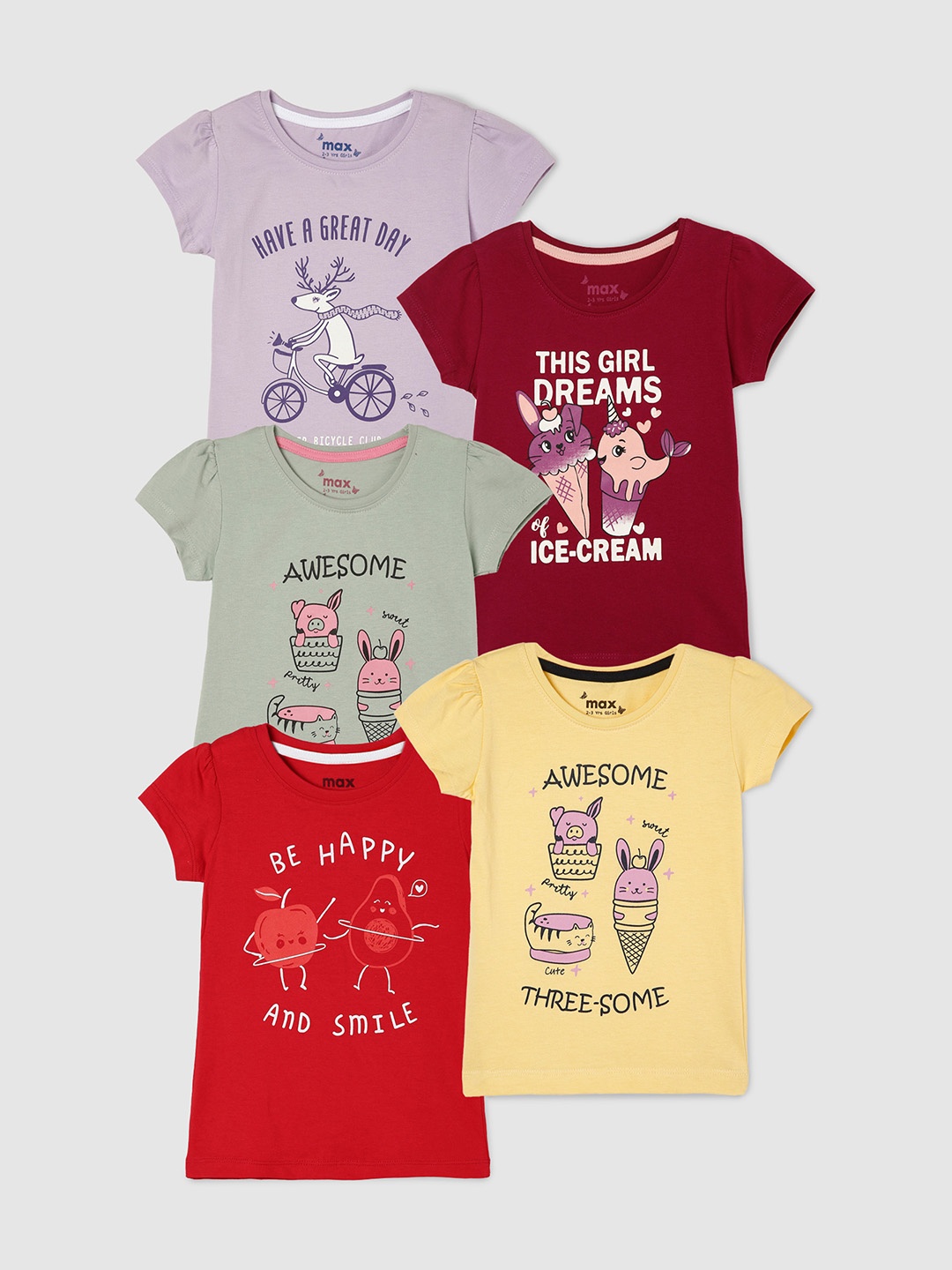 

max Girls Pack of 5 Graphic Printed T-shirts, Multi