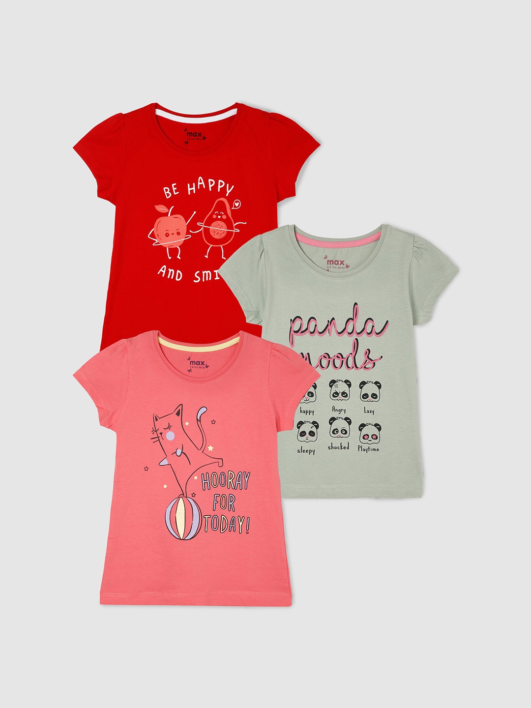 

max Girls Pack of 3 Printed Pure Cotton T-shirts, Red