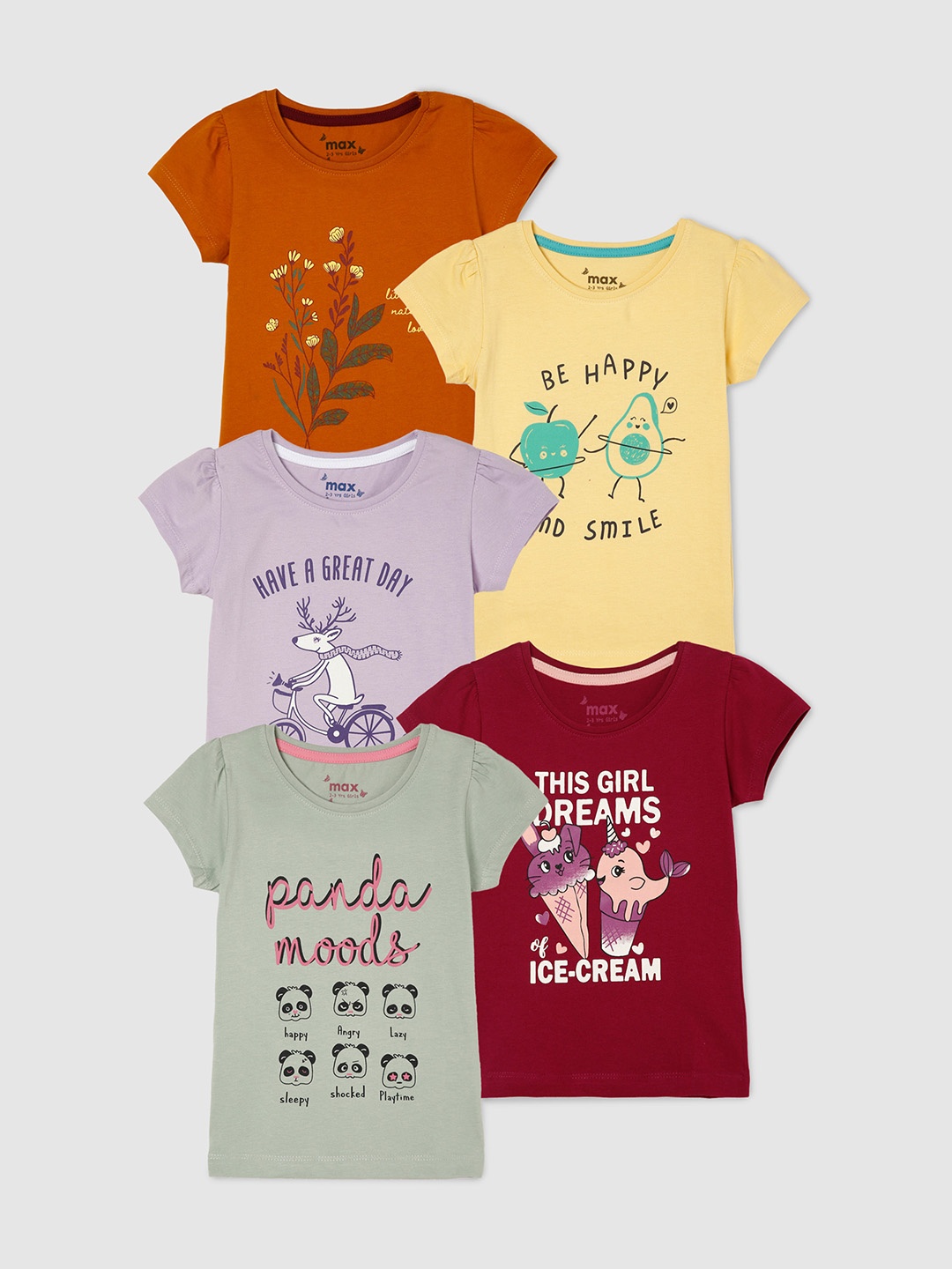 

max Girls Pack of 5 Graphic Printed Cotton Pure Cotton T-shirts, Multi
